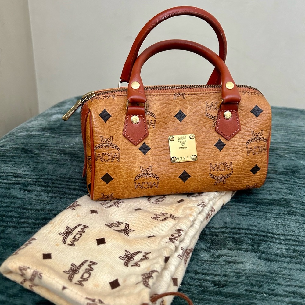 MCM Brown Mini Monogram Bag with Gold Accents